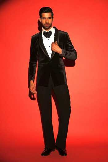 Courtyard By Abhi Black Lycra Applique, Cut Work, Beads Royal Noir Velvet Embellished Tuxedo Set Online at Aza Fashions Courtyard By Abhi_Black Lycra Applique, Cut Work, Beads Royal Noir Velvet Embellished Tuxedo Set _Online_at_Aza_Fashions