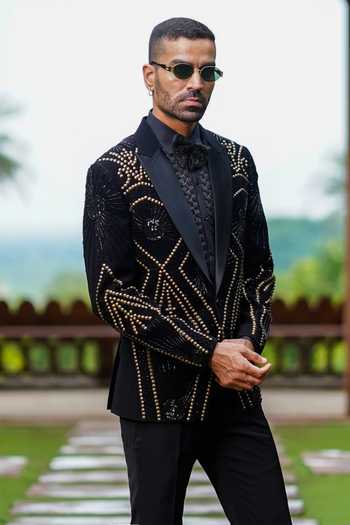 Courtyard By Abhi Black Lycra Sequins, Beads, Stones, Metallic Golden Noir Embroidered Tuxedo Set Online at Aza Fashions Courtyard By Abhi_Black Lycra Sequins, Beads, Stones, Metallic Golden Noir Embroidered Tuxedo Set _Online_at_Aza_Fashions