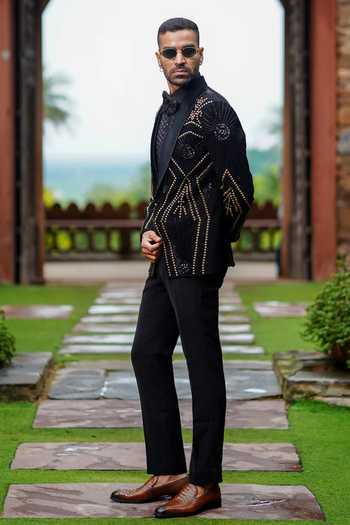 Buy Courtyard By Abhi Black Lycra Sequins, Beads, Stones, Metallic Golden Noir Embroidered Tuxedo Set Online at Aza Fashions Buy_Courtyard By Abhi_Black Lycra Sequins, Beads, Stones, Metallic Golden Noir Embroidered Tuxedo Set _Online_at_Aza_Fashions