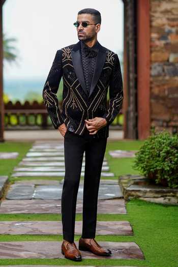 Courtyard By Abhi Golden Noir Sequin Embroidered Tuxedo Set 