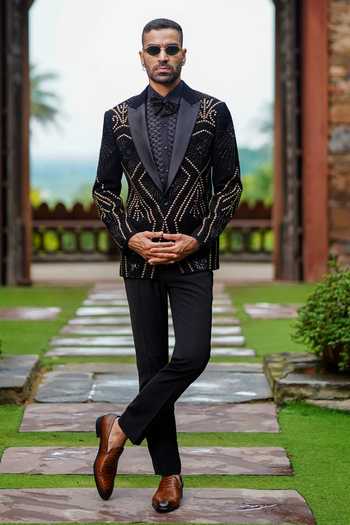 Courtyard By Abhi Golden Noir Sequin Embroidered Tuxedo Set 