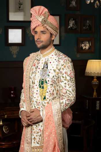 Courtyard By Abhi White Silk Regal Heritage Krishna Motif Sherwani Set Online at Aza Fashions Courtyard By Abhi_White Silk Regal Heritage Krishna Motif Sherwani Set _Online_at_Aza_Fashions