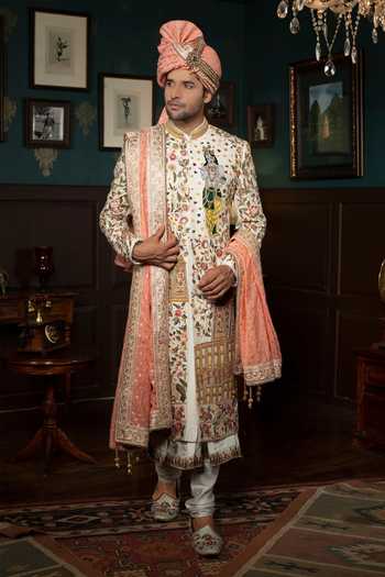 Courtyard By Abhi Regal Heritage Krishna Motif Sherwani Set 