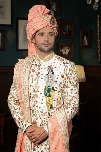 Buy Courtyard By Abhi White Silk Regal Heritage Krishna Motif Sherwani Set Online at Aza Fashions Buy_Courtyard By Abhi_White Silk Regal Heritage Krishna Motif Sherwani Set _Online_at_Aza_Fashions