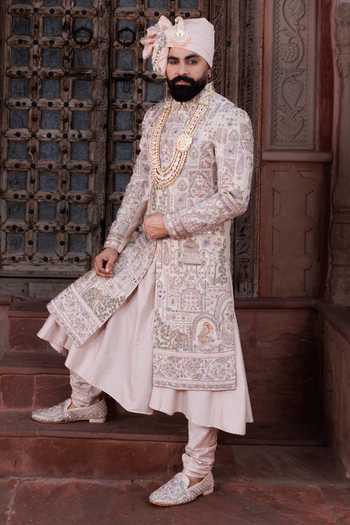 Courtyard By Abhi Peach Silk Chikankari Embroidered Sherwani Set Online at Aza Fashions Courtyard By Abhi_Peach Silk Chikankari Embroidered Sherwani Set _Online_at_Aza_Fashions