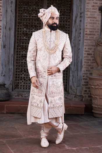 Courtyard By Abhi Peach Silk Chikankari Embroidered Sherwani Set Online at Aza Fashions Courtyard By Abhi_Peach Silk Chikankari Embroidered Sherwani Set _Online_at_Aza_Fashions