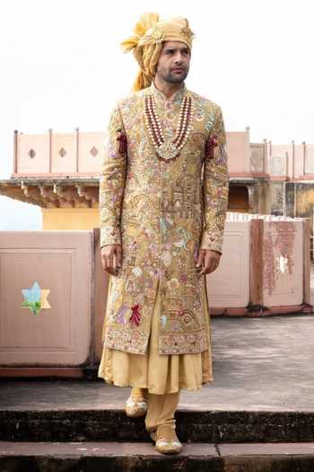 Courtyard By Abhi Gold Silk Rajsi Raw Embroidered Sherwani Set Online at Aza Fashions Courtyard By Abhi_Gold Silk Rajsi Raw Embroidered Sherwani Set _Online_at_Aza_Fashions
