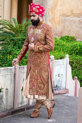 Courtyard By Abhi Antique Gold Royale Embroidered Sherwani Set 