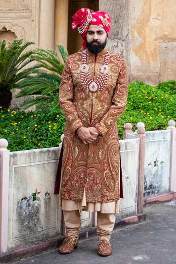 Courtyard By Abhi Antique Gold Royale Embroidered Sherwani Set 