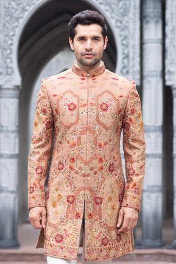 Buy Courtyard By Abhi Beige Lycra Floral Zardozi Work Sherwani Set Online at Aza Fashions Buy_Courtyard By Abhi_Beige Lycra Floral Zardozi Work Sherwani Set _Online_at_Aza_Fashions