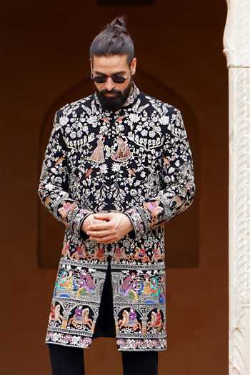Buy Courtyard By Abhi Multi Color Lycra Embroidered Sherwani Set Online at Aza Fashions Buy_Courtyard By Abhi_Multi Color Lycra Embroidered Sherwani Set _Online_at_Aza_Fashions
