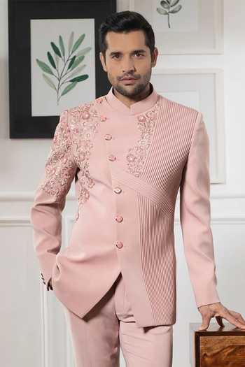 Buy Courtyard By Abhi Pink Lycra Sequins, Zari Peachy Bandhgala Set Online at Aza Fashions Buy_Courtyard By Abhi_Pink Lycra Sequins, Zari Peachy Bandhgala Set _Online_at_Aza_Fashions
