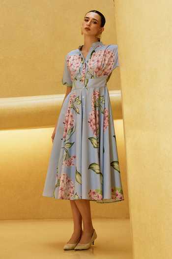 House Of Fett_Sky Blue Cotton, Poplin Collared Neck Floral Skies Dress _Online_at_Aza_Fashions