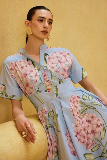 Buy_House Of Fett_Sky Blue Cotton, Poplin Collared Neck Floral Skies Dress _Online_at_Aza_Fashions