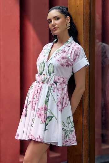 Buy House Of Fett Multi Color Cotton, Linen Notched Neck Carnosa Belted Mini Dress Online at Aza Fashions Buy_House Of Fett_Multi Color Cotton, Linen Notched Neck Carnosa Belted Mini Dress _Online_at_Aza_Fashions