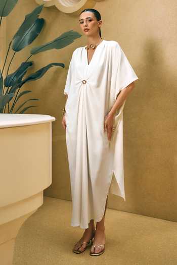 House Of Fett White Satin, Polyester V-neck Crystalline Kaftan Online at Aza Fashions House Of Fett_White Satin, Polyester V-neck Crystalline Kaftan _Online_at_Aza_Fashions