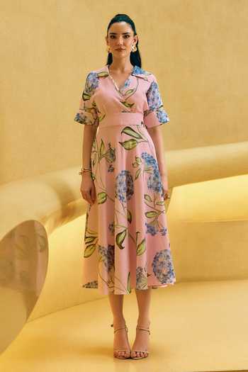 House Of Fett_Multi Color Cotton, Linen V-, Collared Floral Floss Midi Dress _Online_at_Aza_Fashions
