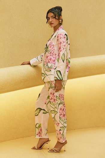House Of Fett_Multi Color Cotton, Linen Sweetheart Neck Hoya Floral Blazer Co-ord Set _Online_at_Aza_Fashions
