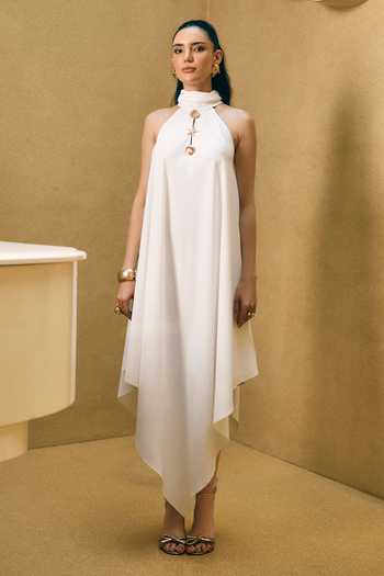 House Of Fett_White Satin, Polyester Halter Neck Sweet Salt Resort Crepe Dress _Online_at_Aza_Fashions