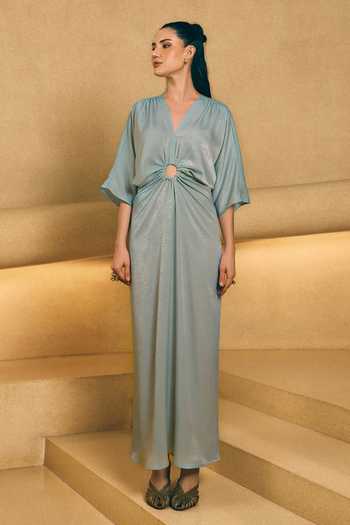 House Of Fett_Green Satin, Polyester V-neck Seychelles Draped Gown _Online_at_Aza_Fashions