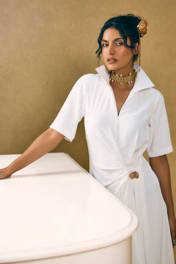 House Of Fett_White Satin, Polyester V-, Collared Sea Pearl Resort Midi Dress _Online_at_Aza_Fashions