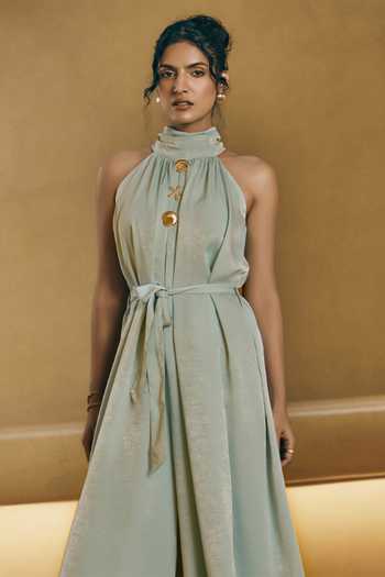 House Of Fett Green Satin Halter Neck Ocean Mist Jumpsuit Online at Aza Fashions House Of Fett_Green Satin Halter Neck Ocean Mist Jumpsuit _Online_at_Aza_Fashions