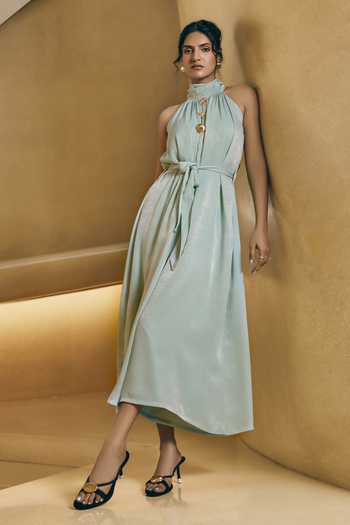 Shop House Of Fett Green Satin Halter Neck Ocean Mist Jumpsuit Online at Aza Fashions Shop_House Of Fett_Green Satin Halter Neck Ocean Mist Jumpsuit _Online_at_Aza_Fashions