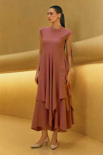 House Of Fett Pink Cotton, Viscose Round Neck Rosewater Asymmetric Tunic And Pant Set Online at Aza Fashions House Of Fett_Pink Cotton, Viscose Round Neck Rosewater Asymmetric Tunic And Pant Set _Online_at_Aza_Fashions