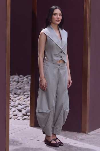 House Of Fett_Grey Cotton, Poplin Notched Neck Mineral Solid Waistcoat And Pant Set _Online_at_Aza_Fashions