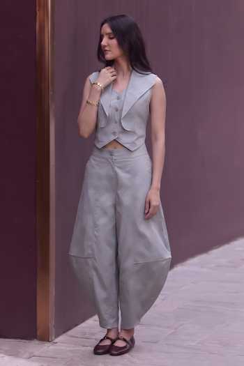 Shop_House Of Fett_Grey Cotton, Poplin Notched Neck Mineral Solid Waistcoat And Pant Set _Online_at_Aza_Fashions