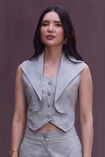 House Of Fett_Grey Cotton, Poplin Notched Neck Mineral Solid Waistcoat And Pant Set _at_Aza_Fashions
