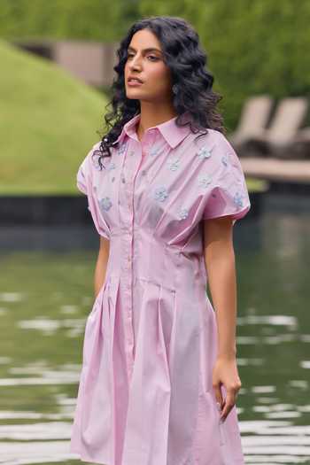 House Of Fett_Pink Cotton, Poplin Collared Neck Whipped Flowers Embroidered Dress _Online_at_Aza_Fashions