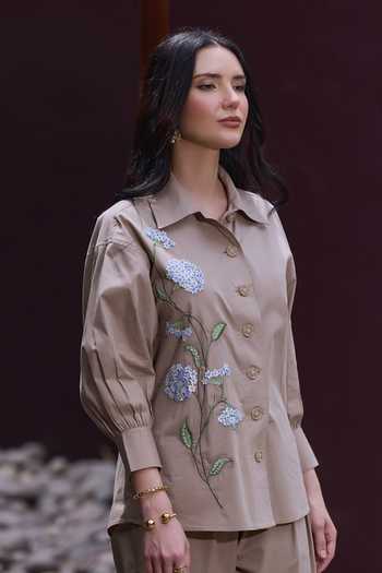 Buy House Of Fett Beige Cotton, Poplin Collared Nectar Bloom Embroidered Shirt And Pant Co-ord Set Online at Aza Fashions Buy_House Of Fett_Beige Cotton, Poplin Collared Nectar Bloom Embroidered Shirt And Pant Co-ord Set _Online_at_Aza_Fashions