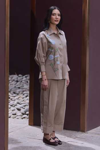 Shop House Of Fett Beige Cotton, Poplin Collared Nectar Bloom Embroidered Shirt And Pant Co-ord Set Online at Aza Fashions Shop_House Of Fett_Beige Cotton, Poplin Collared Nectar Bloom Embroidered Shirt And Pant Co-ord Set _Online_at_Aza_Fashions