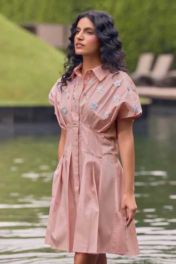 House Of Fett_Peach Cotton, Poplin Collared Neck Whipped Flowers Embroidered Dress _Online_at_Aza_Fashions