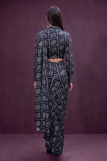 House Of Fett Noir Bandhani Draped Skirt Saree Set