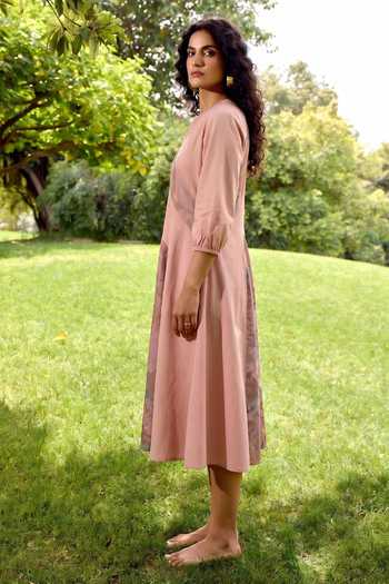 House Of Fett Peach Cotton, Poplin High Neck Coral Bloom Panelled Dress Online at Aza Fashions House Of Fett_Peach Cotton, Poplin High Neck Coral Bloom Panelled Dress _Online_at_Aza_Fashions