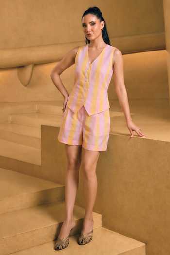 House Of Fett Pink Cotton V-, Collared Bubblegum Printed Shorts Set at Aza Fashions House Of Fett_Pink Cotton V-, Collared Bubblegum Printed Shorts Set _at_Aza_Fashions