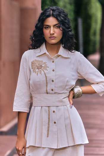 Buy House Of Fett Cream Cotton Collared Neck Coconut Flex Embroidered Shirt And Pant Set Online at Aza Fashions Buy_House Of Fett_Cream Cotton Collared Neck Coconut Flex Embroidered Shirt And Pant Set _Online_at_Aza_Fashions