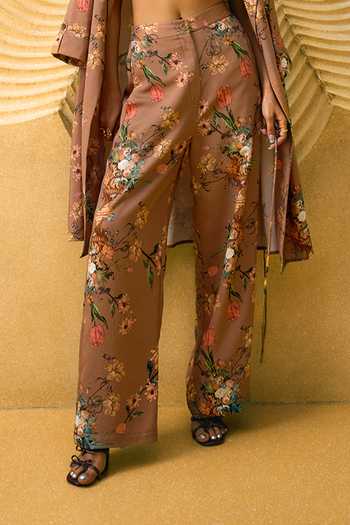 House Of Fett Brown Cotton, Viscose Open Neck, Magnolia Adele Printed Jacket Pant Set Online at Aza Fashions House Of Fett_Brown Cotton, Viscose Open Neck, Magnolia Adele Printed Jacket Pant Set _Online_at_Aza_Fashions