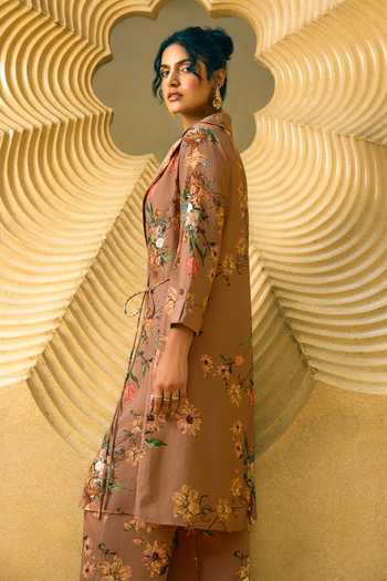 Buy House Of Fett Brown Cotton, Viscose Open Neck, Magnolia Adele Printed Jacket Pant Set Online at Aza Fashions Buy_House Of Fett_Brown Cotton, Viscose Open Neck, Magnolia Adele Printed Jacket Pant Set _Online_at_Aza_Fashions