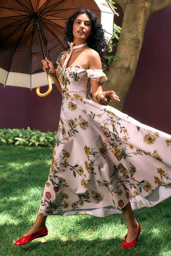 House Of Fett Multi Color Poplin, Cotton Sweetheart Neck Petal Paradise Maxi Dress Online at Aza Fashions House Of Fett_Multi Color Poplin, Cotton Sweetheart Neck Petal Paradise Maxi Dress _Online_at_Aza_Fashions
