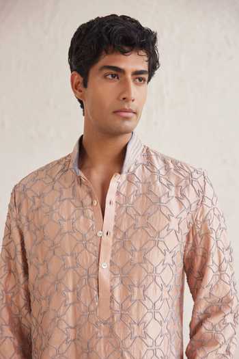 Shop Jorah Men Peach Chanderi, Cotton Hand Embroidered Kurta Set at Aza Fashions Shop_Jorah Men_Peach Chanderi, Cotton Hand Embroidered Kurta Set _at_Aza_Fashions
