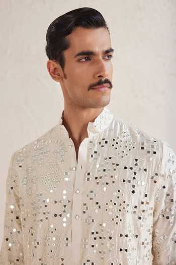 Shop Jorah Men Ivory Viscose, Dupion, Satin Mirror Work Kurta Set at Aza Fashions Shop_Jorah Men_Ivory Viscose, Dupion, Satin Mirror Work Kurta Set _at_Aza_Fashions