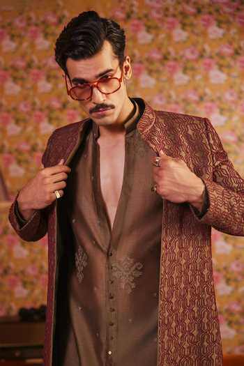 Buy Jorah Men Maroon Viscose, Dupion, Chanderi, Satin Hand Embroidered Jacket And Kurta Set Online at Aza Fashions Buy_Jorah Men_Maroon Viscose, Dupion, Chanderi, Satin Hand Embroidered Jacket And Kurta Set _Online_at_Aza_Fashions