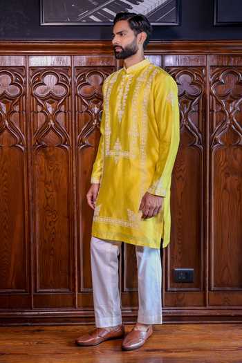 Jorah Men_Yellow Chanderi, Cotton Embroidered Kurta Set _Online_at_Aza_Fashions
