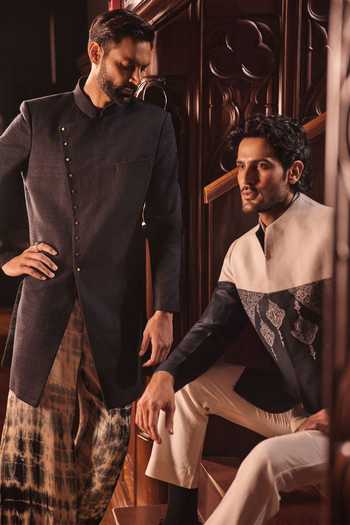 Jorah Men Black Pashmina, Satin Jacket And Pant Set at Aza Fashions Jorah Men_Black Pashmina, Satin Jacket And Pant Set _at_Aza_Fashions