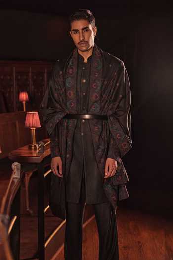 Shop Jorah Men Black Pashmina, Satin, Cotton Jacket And Kurta Set Online at Aza Fashions Shop_Jorah Men_Black Pashmina, Satin, Cotton Jacket And Kurta Set _Online_at_Aza_Fashions