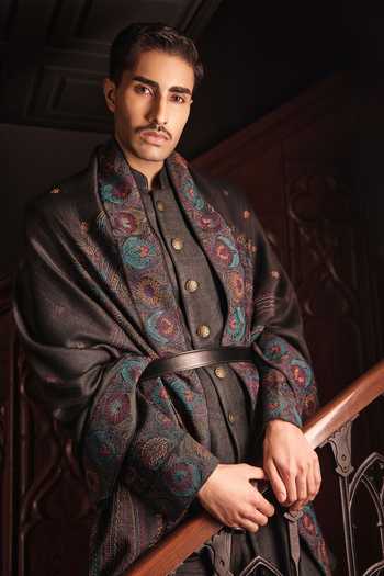 Shop Jorah Men Black Pashmina, Satin, Cotton Jacket And Kurta Set Shop_Jorah Men_Black Pashmina, Satin, Cotton Jacket And Kurta Set