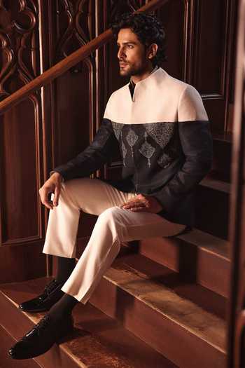 Jorah Men Ivory Silk, Cotton, Viscose Embroidery And Bandhgala Set Online at Aza Fashions Jorah Men_Ivory Silk, Cotton, Viscose Embroidery And Bandhgala Set _Online_at_Aza_Fashions